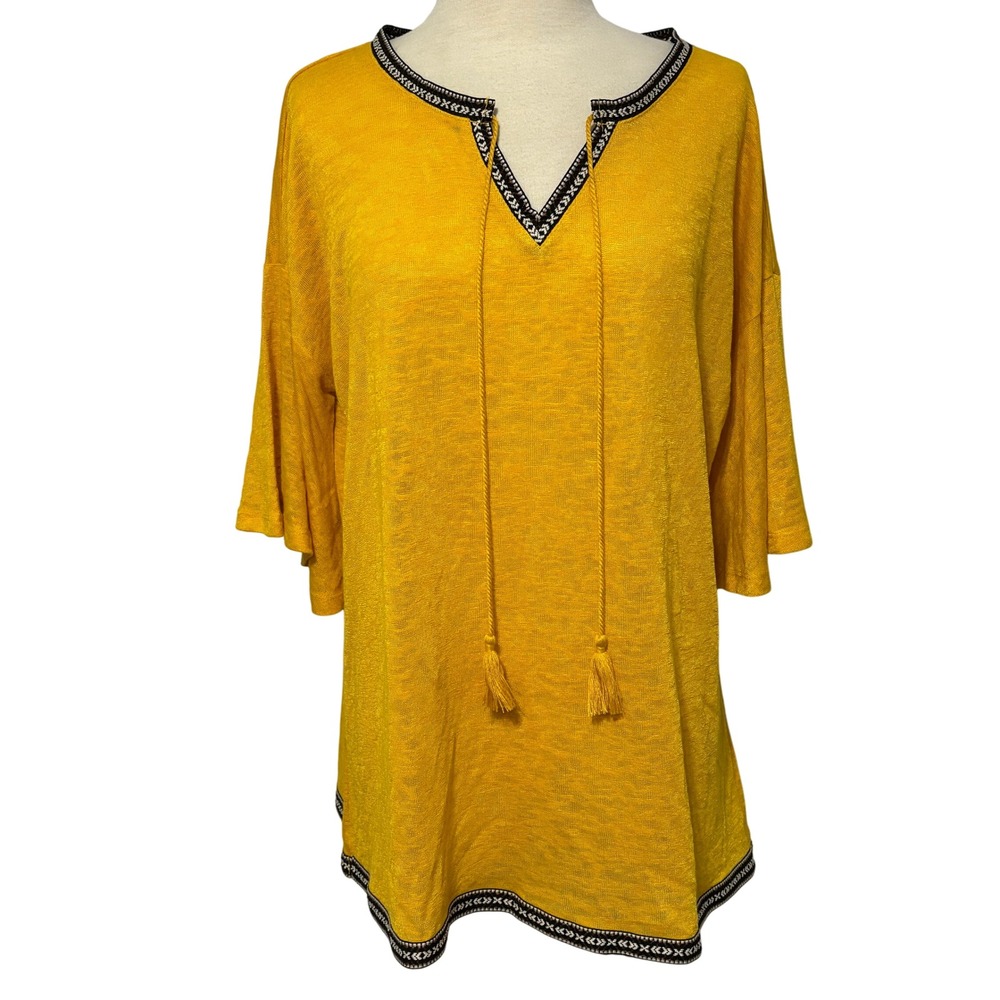 C EST 1946 Yellow Boho Tunic Top Tassel Embroidered Trim Bell Sleeve‎ Women M